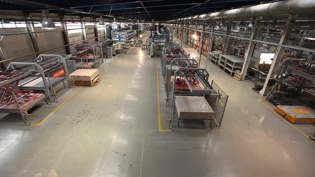 Production conveyor, conveyor line, conveyor belt, ceramic tile, kiln firin, Production of ceramic tiles, production interior, Ceramic tile factory, modern production interior, Indoors, inside