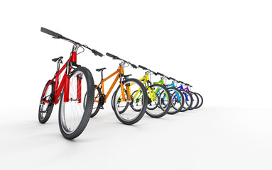 Many colorful bikes standing in a row isolated on white background