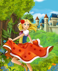 Obraz na płótnie Canvas Cartoon scene of beautiful girl in the forest near castle in the background - illustration for children