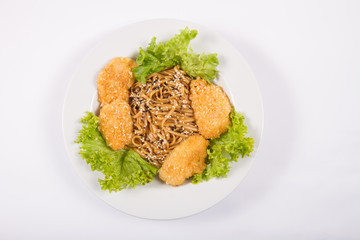 Udon noodles, Teriyaki sauce, Panko chicken on white bowl