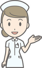 Illustration that a female nurse wearing a white suit is lifting one hand