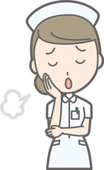 Illustration that a female nurse wearing a white suit is sighing