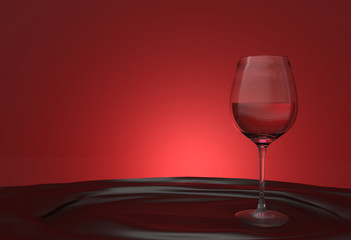 3d rendering. luxury Red wine glass on the cloth table with red gradient light background