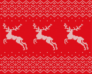 Knit christmas design with deers and ornament. Xmas seamless pattern red background. Knitted winter sweater texture.