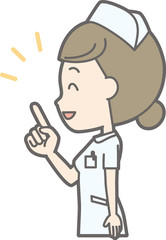 Illustration that a female nurse wearing a white garment points sideways and points to a finger