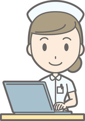 Illustration that a female nurse wearing a white coat is operating a laptop computer