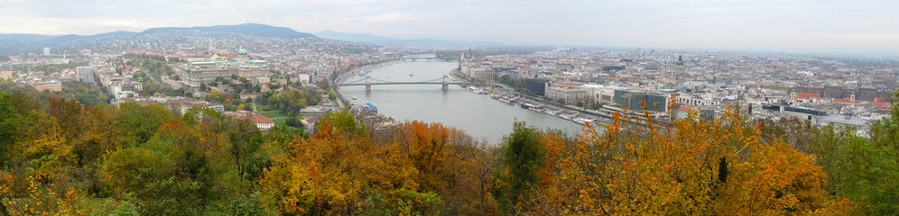 Fototapeta premium Aerial panorama of Budapest, Hungary, in the autumn.