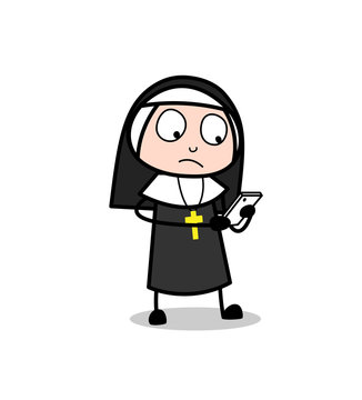 Cartoon Nun Reading Messages in Mobile Vector