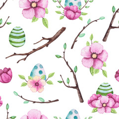Easter Seamless Pattern with Watercolor Flowers and Eggs