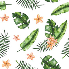 Seamless Pattern of Watercolor Green Leaves and Plumeria