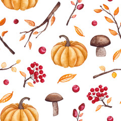 Seamless Pattern of Watercolor Red Berries, Mushrooms, and Pumpkin