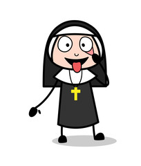 Cartoon Nun Showing Eyes and Tongue for Checkup Vector Illustration