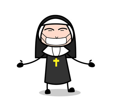 Cartoon Nun Expression with Medical-Mask on Face Vector