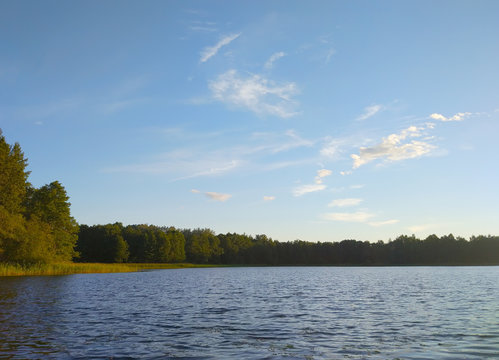 Lake surface at evening in East Europe. Landscape with water and forest.