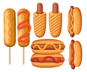 Hot Dog Variations. Sausage, Bratwurst and other vector illustrations of Junk Food Fast food restaurant menu colorful icons collection vector illustration. Web site page and mobile app design