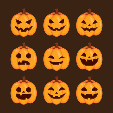 Set of Halloween pumpkins face, funny face for Halloween emoticons, Vector illustration.