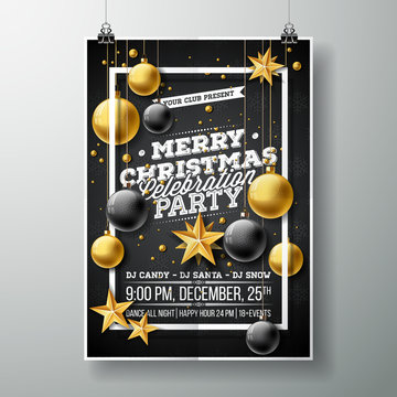 Vector Merry Christmas Party Flyer Illustration with Typography and Holiday Elements on Black background. Invitation Poster Template.