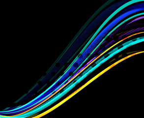 Rainbow color wavy lines on black background