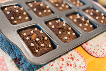 Brownie chocolate cake  with nut on hot tray plate on the wood table.