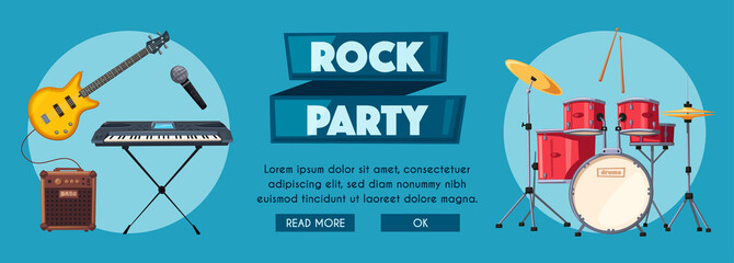 Rock music poster. Old school party. Cartoon vector illustration.