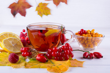 Autumn healthy beverages concept. Cup of tea with autumn berries sea buckthorn,  viburnum, rose hip, rowan and fall leaves. Drink with vitamin c