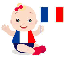 Smiling baby toddler, girl holding a France flag isolated on white background. Cartoon mascot. Holiday illustration to the Day of the country, Independence Day, Flag Day.