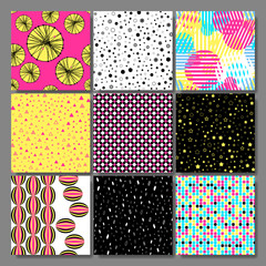 Memphis seamless background set, cards with simple geometric elements, patterns fashion trend 80-90s. 