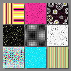 Memphis seamless background set, cards with simple geometric elements, patterns fashion trend 80-90s. 