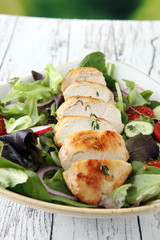 Chicken salad with leaf vegetables and cherry tomatoes.