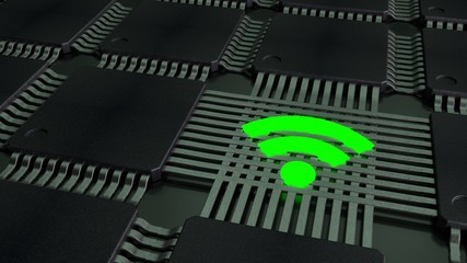 Grid of connected CPUS and a green wifi symbol glowing on the wires