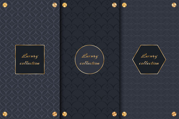 Collection of black backgrounds for the design of luxury goods with gold elements.