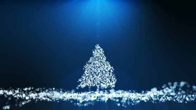 Animation motion background, The particle merges into a Christmas tree shape with light ray beam.
