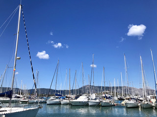 Obraz premium View from the height of the marina with a lot of yachts and boats - shooting from a drone
