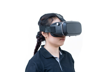 young casual woman using Virtual reality headset isolated on white