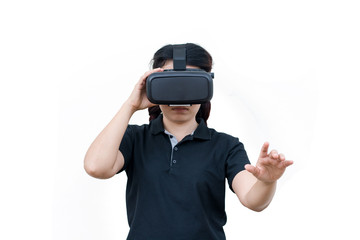 young casual woman using Virtual reality headset isolated on white