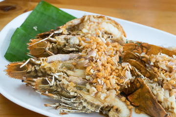 crayfish fried fill pickled garlic served wood table