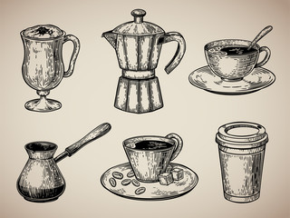 Coffee set engraving. Latte, Turk, coffee pot, cup with coffee, cardboard. Illustration in sketch...