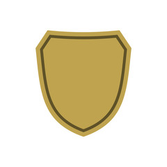 Shield shape gold icon. Simple flat logo on white background. Symbol of security, protection, safety, strong. Element badge for secure protect design emblem decoration. Vector illustration