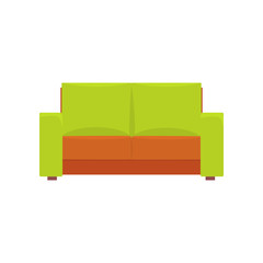 Green modern sofa, living room or office interior, furniture for relaxation cartoon vector Illustration