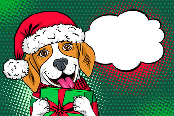 Wow pop art dog face. Funny surprised dog in Santa Claus hat with open mouth and holding gift box by paws and speech bubble. Vector Christmas illustration in retro comic style. New Year party poster.