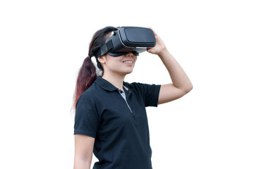young casual woman using Virtual reality headset isolated on white