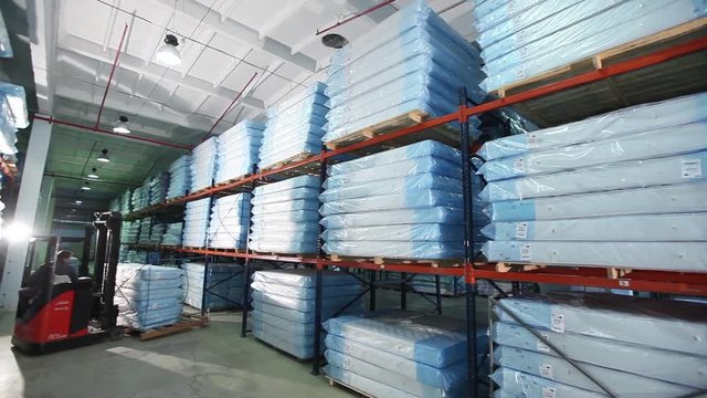 mats production, mattress warehouse on production, skidder for mattresses, modern factory, mattresses in stock, general plan, interior