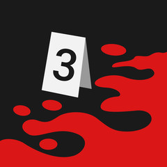 Crime scene - evidence marking during investigation of murder. Red blood of killed victim is around number. Place of brutality and violence and police, detective an investigator. Vector illustration