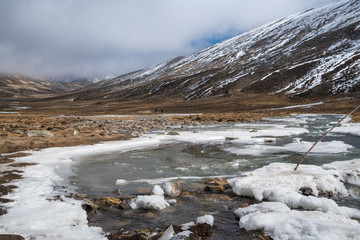 Snow flake beside River from snow ice melt on mountain Landscape view at Zero-Point, fog and mist weather day time