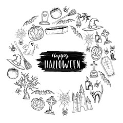 Set of Halloween icons for decoration. Scary Halloween sketch illustration. Vector