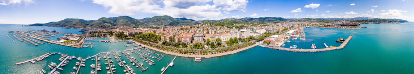 Fototapeta na wymiar Aerial panoramic view of La Spezia Port from the Sea, Liguria - Italy