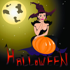 Beauty witch with halloween pumpkin and night background