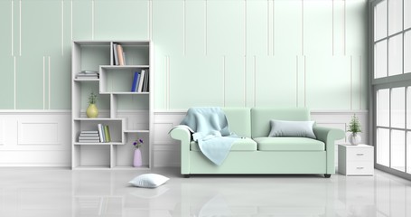 Naklejka na ściany i meble White-green room decorated with green sofa,tree in glass vase, pillows, Wood bedside table, Bookcase, blue blanket, Window, green -white cement wall it is pattern, white cement floor. 3d rendering.