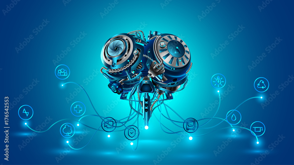 Poster Artificial intelligence. Electronic brain controls the systems of the smart city. the Internet of things.