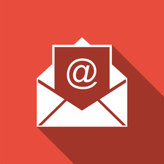 Mail and e-mail icon isolated with long shadow. Envelope symbol e-mail. Email message sign. Flat design. Vector Illustration